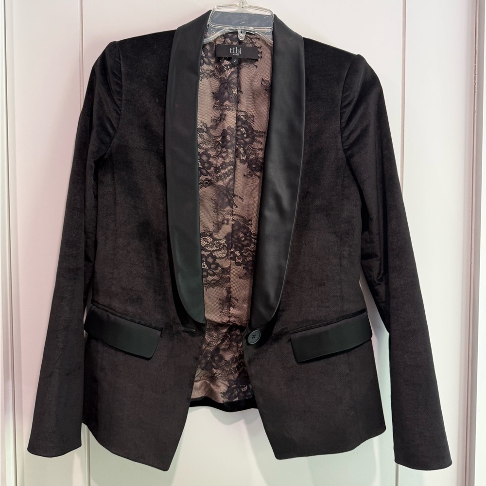 Tibi Black Velvet Blazer with Satin Lapel